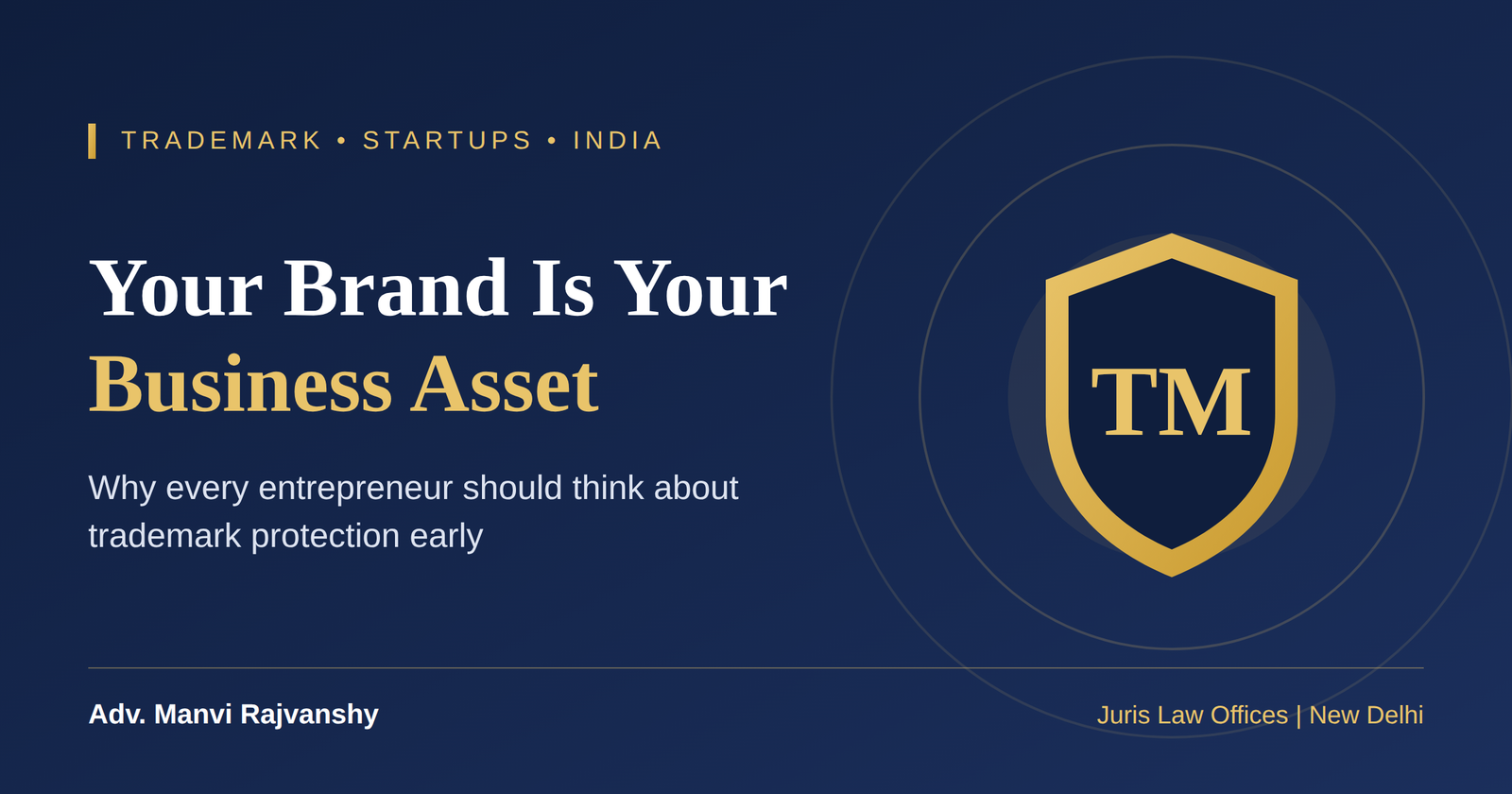 Blog banner reading "Your Brand Is Your Business Asset" with a gold shield and TM symbol, on trademark protection for entrepreneurs in India